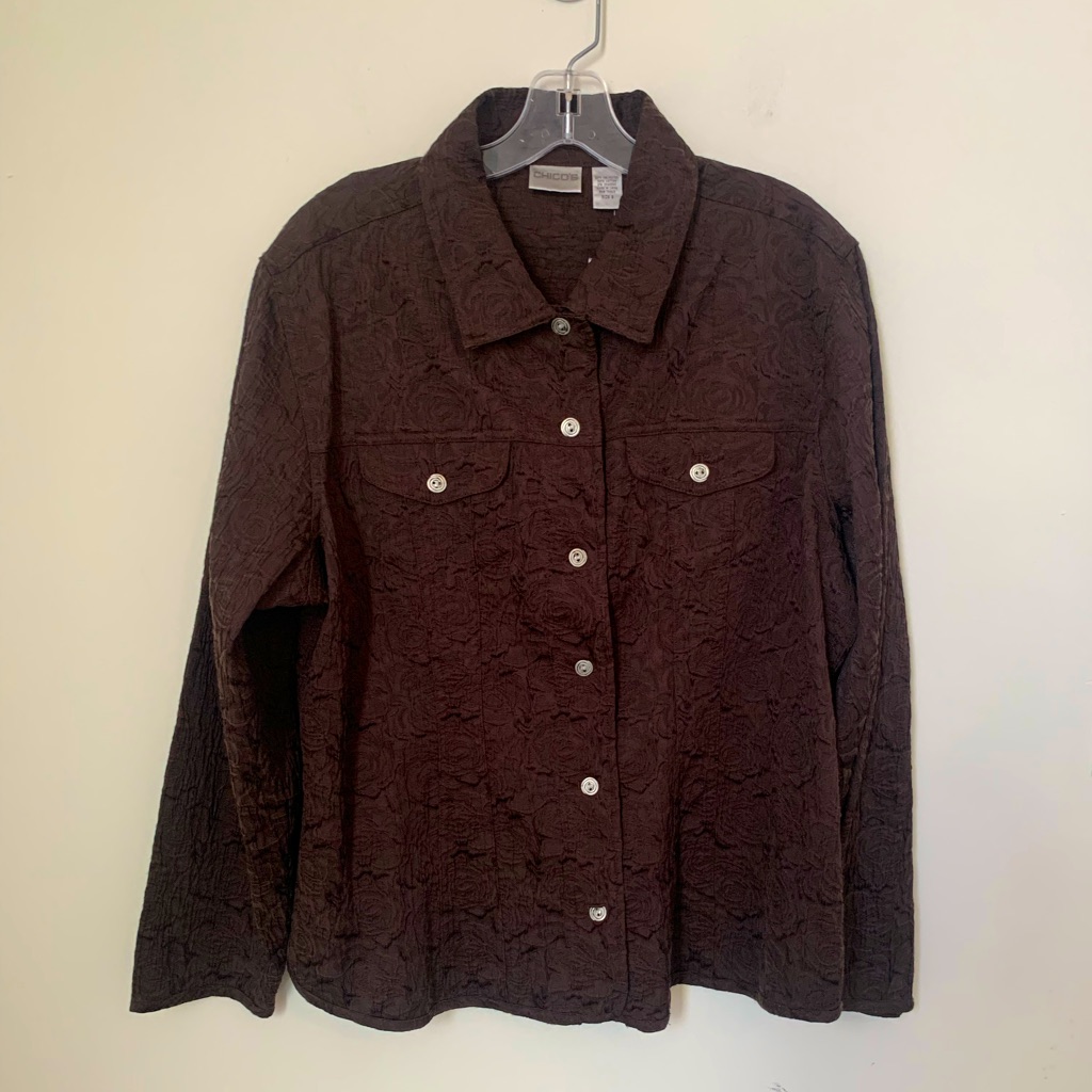 Chico’s Textured Button Down Shirt/ Jacket Embossed Floral Design Nwt